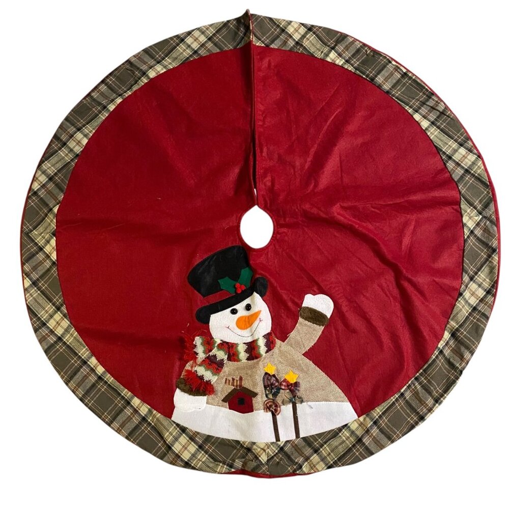 Vintage Christmas Red Tree Skirt Green Plaid Trim Snowman Patchwork‎ Felt 40"